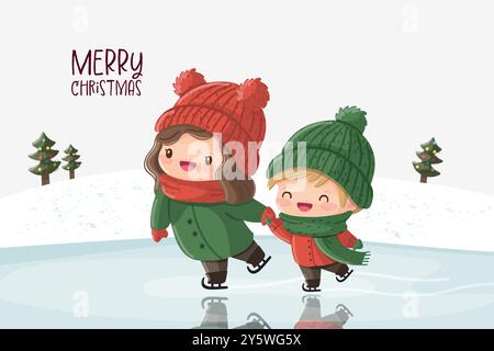 Zwei Kinder, die zusammen auf Eis laufen und eine verschneite Landschaft Stock Vektor
