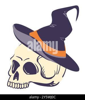 Illustration des menschlichen Schädels im spitzen Hexenhut. Vektor-Stilkranium und magische Kappe für Halloween Dekor oder Produktdesign in mystischem Stil, attri Stock Vektor