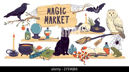 Schaufenster eines Zauberladens. Regale mit Hexerei- und Hexenwaren, Kessel, Grimoire, Trank, Elixier, Schädel, Zauberball und Hut. Vertraute für Stock Vektor