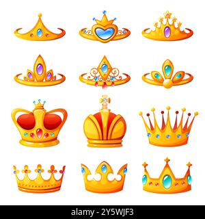 Cartoon-Kronen und Diadem. Königliche Machtsymbole, goldene Kopfschmuck mit Schmuck und Diamanten, mittelalterliche Accessoires für König, Königin und Prinzessin, Krönung Stock Vektor