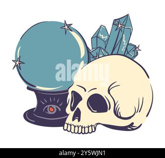 Mystische Vektor-Illustration mit Zauberkugel, Schädel und Kristallen. Okkulte Symbole im flachen Stil. Konzeptkunst für Tätowierungen oder okkulte Projekte. Witc Stock Vektor