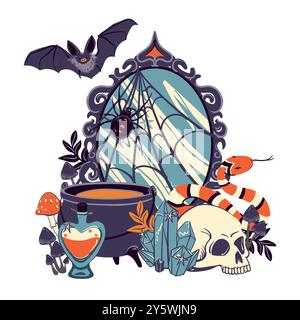 Mystische Vektor-Illustration mit magischem Spiegel, schwarzem Kessel, Kristallkugel, Schädel und Schlange. Konzeptkunst für Tätowierungen oder okkulte Projekte. Hexe Stock Vektor