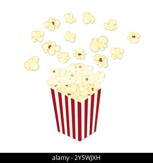 Vektor-Illustration des Popcorns, das aus einem roten und weißen Karton spritzt, Karikaturstil, isoliert auf einem weißen Hintergrund für Film, Kino, Essen Stock Vektor
