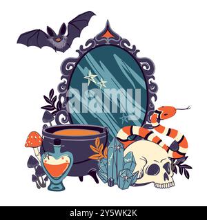 Mystische Vektor-Illustration mit magischem Spiegel, schwarzem Kessel, Kristallkugel, Schädel, Fledermaus und Schlange. Konzeptkunst für Tätowierungen oder okkulte Projekte. Witchcra Stock Vektor