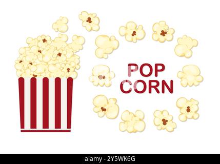 Vektor-Illustration des Popcorns, das aus einem roten und weißen Karton spritzt, Karikaturstil, isoliert auf einem weißen Hintergrund für Film, Kino, Essen Stock Vektor