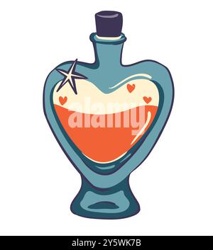 Magisches Liebelixier in einer herzförmigen Flasche. Zaubertrank, um Gefühle der Liebe zu wecken, die auf weiß isoliert sind. Hexengift auf weißem Hintergrund. Stock Vektor