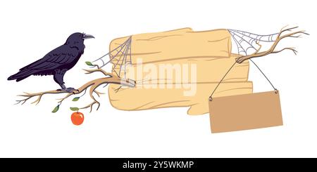 Holzschild mit schwarzem Raben. Cartoon-Dorfbanner, Straßennavigation, Richtungsschilder, Informationstafel. Vektorabbildung. Stock Vektor