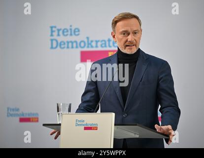 Berlin, Deutschland. September 2024. Christian Lindner (FDP), Bundesfinanzminister und Bundesvorsitzender der FDP, gibt eine Pressemitteilung zu den Landtagswahlen in Brandenburg ab. Quelle: Anna Ross/dpa/Alamy Live News Stockfoto