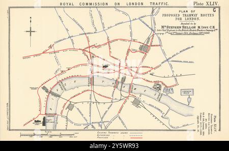 Royal Commission on London Traffic. Plan der vorgeschlagenen Straßenbahnstrecken 1906 Karte Stockfoto