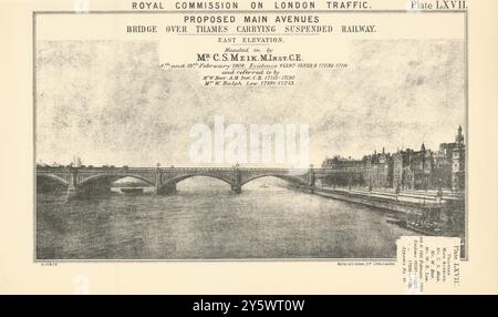 Royal Commission on London Traffic Thames Bridge mit suspendierter Eisenbahn 1906 Stockfoto