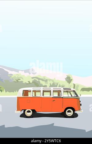 Vertikale Llustration eines Kleinbusses im Stil der 60er Jahre, der auf einer Straße mit einer Berglandschaft als Hintergrund fährt Stockfoto