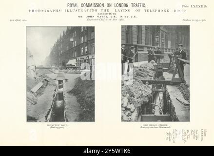 Königliche Kommission. Verlegung von Telefonkanälen in Old Broad Street & Brompton Rd 1906 Stockfoto