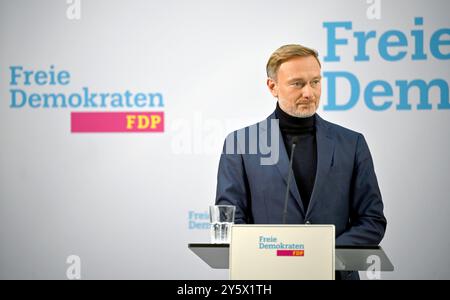 Berlin, Deutschland. September 2024. Christian Lindner (FDP), Bundesfinanzminister und Bundesvorsitzender der FDP, gibt eine Pressemitteilung zu den Landtagswahlen in Brandenburg ab. Quelle: Anna Ross/dpa/Alamy Live News Stockfoto