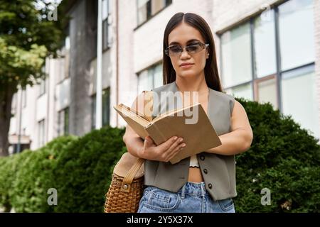 Eine kurzstattige brünette Frau entspannt sich im Freien, in ihrem Buch inmitten von üppigem Grün und urbanem Flair. Stockfoto