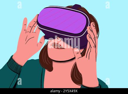 Frau, die virtuelle Realität mit einem VR-Headset erlebt und das Headset mit beiden Händen berührt. Stockfoto