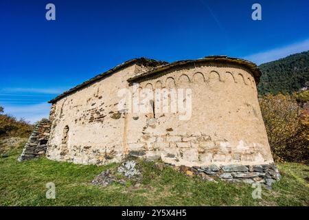 Kapelle von Sant Miqueu (Kapelle von San Miguel), datiert auf das 10. Jahrhundert, frühromanische, Vilamos, Aran-Tal, Katalonien, Pyrenäen, Stockfoto