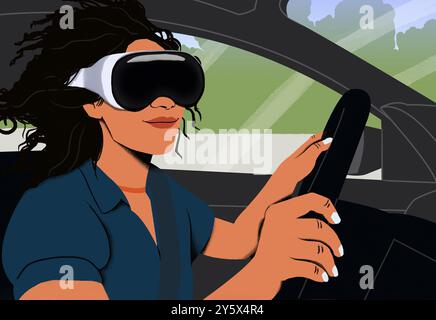 Frau, die ein Virtual-Reality-Headset trägt, während sie auf dem Fahrersitz eines Autos sitzt und ein Lenkrad hält. Stockfoto