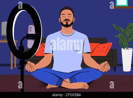 Mann meditiert in Lotusposition in einem modernen Raum mit Ringlicht und Computer im Hintergrund. Stockfoto