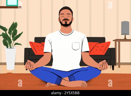 Ein Mann, der friedlich mit geschlossenen Augen in einer gemütlichen Wohnzimmerumgebung meditiert, umgeben von Elementen der Wohnkultur. Stockfoto
