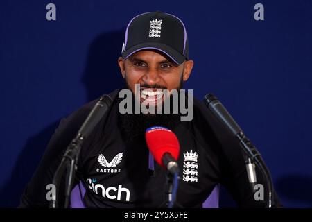 Der Engländer Adil Rashid während einer Pressekonferenz im Seat Unique Riverside, Chester-le-Street. Bilddatum: Montag, 23. September 2024. Stockfoto