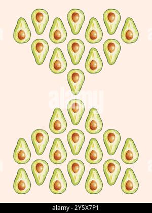 Avocadohälften in symmetrischem Pfeilmuster auf hellem Hintergrund. Stockfoto