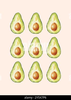 Neun Avocadohälften in Aquarellfarben, die in einem Raster auf einem hellrosa Hintergrund angeordnet sind. Stockfoto