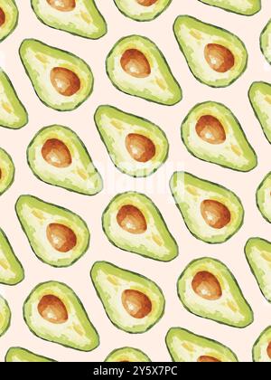 Nahtloses Muster handgezeichneter Avocado-Illustrationen auf pastellfarbenem Hintergrund. Stockfoto