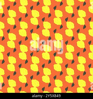 Nahtloses Muster aus stilisierten gelben Rosen und grünen Blättern auf leuchtendem orangefarbenem Hintergrund. Stockfoto
