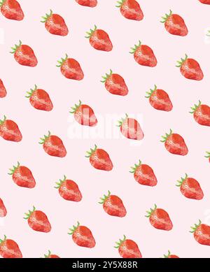 Rote Erdbeeren mit grünen Stämmen, verstreut auf rosa Hintergrund. Stockfoto