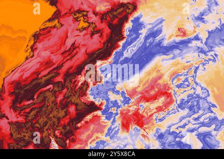 Abstrakte Malerei mit wirbelnden Mustern in lebendigen Rot-, Orange-, Blau- und Weißtönen. Stockfoto