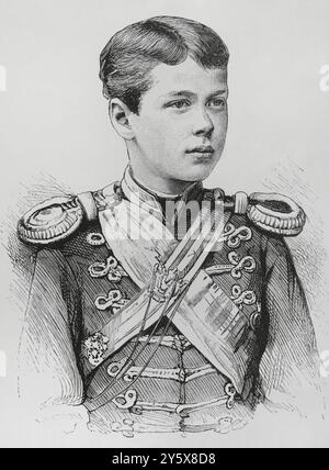 Nikolái Aleksándrovich Románov (1868-1918). Letzter Zar Russlands (1894–1917) als Nikolaus II. Wurde am 18. Mai 1884 volljährig. Hochformat. Gravur. La Ilustración Española y Americana (die spanische und amerikanische Illustration), 8. Juni 1884. Stockfoto