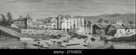 Geschichte Spaniens. Überschwemmungen in Lorca (Murcia). Allgemeiner Aspekt des Viertels Santa Quiteria am Nachmittag des 22. Mai 1884. Stich von Bernardo Rico (1825-1894). La Ilustración Española y Americana (die spanische und amerikanische Illustration), 30. Mai 1884. Stockfoto