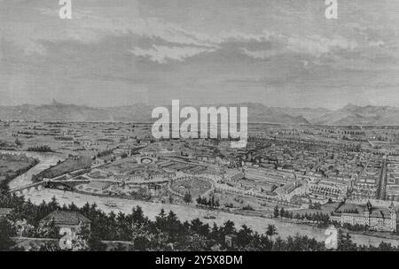 Turin, Italien. Allgemeine italienische Kunst- und Industrieausstellung. Sie fand zwischen April und November 1884 im Parco del Valentino statt, der am 26. April 1884 offiziell eröffnet wurde. Panoramablick vom rechten Ufer des Flusses Po. Stich von Tomás Carlos Capuz (1834-1899). La Ilustración Española y Americana (die spanische und amerikanische Illustration), 8. Mai 1884. Stockfoto