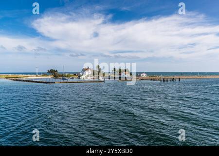 Piloteninsel an der Mündung der Schleimmmündung bei Maasholm. Schlei-Mündung mit Piloteninsel und Leuchtturm Schleimünde. Albatrosweg, Kappeln, Schleswig-Holstein, Deutschland Stockfoto