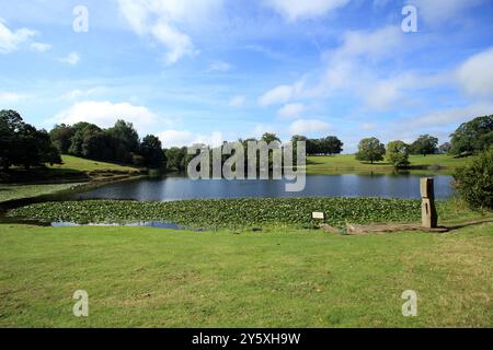 Blick auf den großen Pool von Dudmaston von den Gärten der Dudmaston Hall, Quatt, nahe Bridgnorth, Shropshire, England, UK. Stockfoto