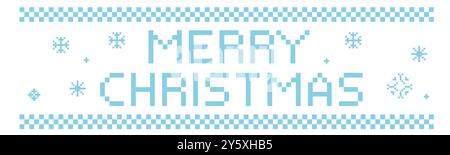 Merry christmas Pixel Retro Text mit Schneeflocken, Randdekoration. Winterrahmen. Druck, Dekoration. Begrüßung. Vektorabbildung Stock Vektor