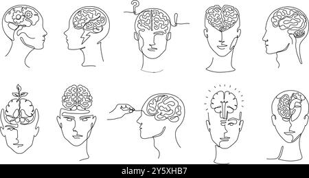 Durchgehend einzeiliger Geist. Menschlicher Kopf mit Gehirn, kreatives Denken, geistige Gesundheit und persönliches Wachstum Hand gezeichnete Konzept Linie Kunst Vektor Illustration Stock Vektor