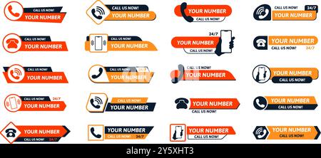 Kontaktbanner mit Telefonnummer. Rufen Sie uns jetzt an Tasten, Handynummer-Label mit Telefonsymbol. Vorlage für Call-to-Action-Schaltflächen für den Kundensupport Stock Vektor