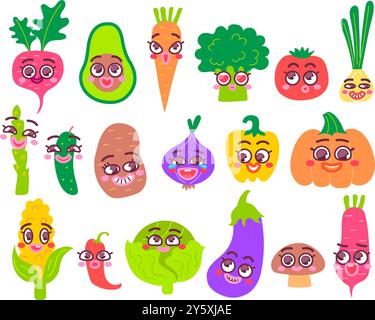 Cartoon-Gemüsemaskottchen. Lustiges frisches Gemüse mit süßen Gesichtern und fröhlichen Gesichtsausdrücken. Gesunde Essensfiguren, isolierter verspielter Vektor Stock Vektor