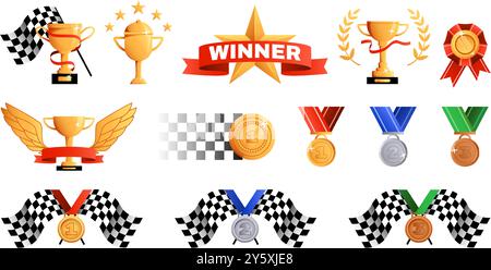 Trophäen für den Sportsieger. Racing Award Cup mit karierter Flagge, goldenen Flügeln und Lorbeerkranz. Goldene, silberne und bronzene Medaillen, Zeichentrick der Rennerfolge Stock Vektor
