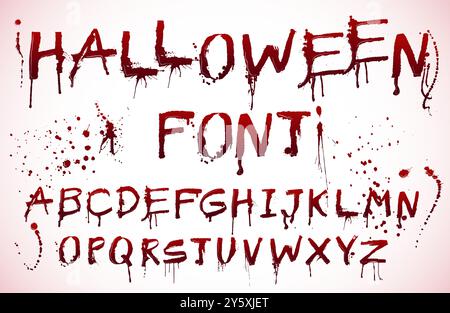 Halloween Blutschrift. Gruseliges tropfendes Alphabet, blutiger Text mit gruseligen Spritzern und Tropfen. Grunge Colapen-Buchstaben mit Horror-Schriftzeichen Stock Vektor