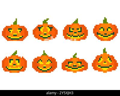 Halloween-Kürbissymbole im Pixel-Art-Stil. 8-Bit-Kürbisse mit grafischen Pixeln im Retro-Look und geschnitzten Gruselgesichtern. Jack-o-Laterne-Design für Apps, Banner Stock Vektor