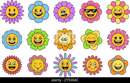 Groovige Blumengesichter. Fröhlich lächelnde Gänseblümchen und lachende Cartoon-Sonnenblume. Niedliches Hippie, funkige Retro-Blumen und positive Emoji-Aufkleber mit Blumenmotiv Stock Vektor