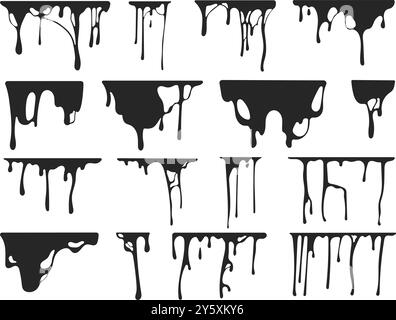Tropfende Ölflecken. Klebrige Flüssigkeit tropft und spritzt, Schleim-Leck-Silhouette und Farbströmungen und Tropfen für halloween- oder Horror-Motive Stock Vektor