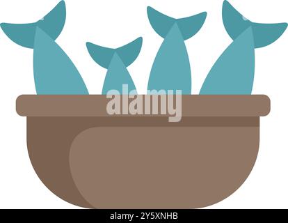 Diese Vektor-Illustration zeigt frischen Fisch, der aus einer braunen Schüssel ragt und wahrscheinlich einen aktuellen Fang oder eine Marktpräsentation darstellt Stock Vektor