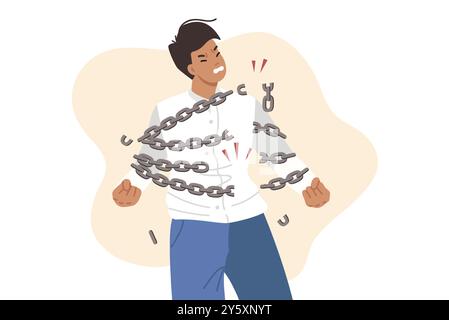 Mutiger Mann bricht Ketten, die den Vertrag der NDA im Geschäft symbolisieren, und will seine eigenen Rechte wiederherstellen Stock Vektor