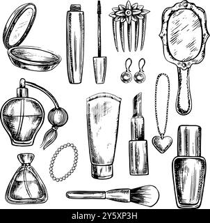 Ein Set von ClipArt mit Kosmetik, Puder, Mascara, Lippenstift, Creme, Parfüm usw. Schwarz-weiße Vektorgrafiken von Hand. Abbildungen auf einem wh Stock Vektor