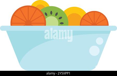 Diese Vektor-Illustration zeigt eine blaue Plastikschale voller bunter, gesunder geschnittener Früchte, einschließlich Orange und Kiwi Stock Vektor