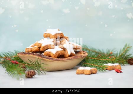 Zimtsterne, Zimtsterne traditionelle deutsche weihnachtskekse in einer Schüssel, Lebkuchen mit Aniswürz für die Feiertage, Tannenzweige Stockfoto