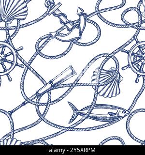 Nahtloses Muster im nautischen Vintage-Stil mit Knotenseil, Anker, Fisch, Muschel. Vektorgrafik von Hand gezeichnet. Hintergrund für die Seefahrt. Mode-Tex Stock Vektor